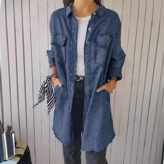 💕Damenes Faux Denim Komfortabel jakkeskjorte med revers