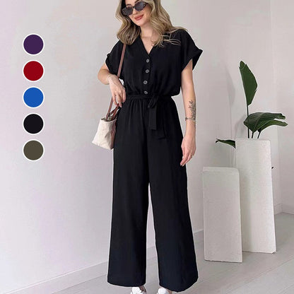 🔥KJØP 2 OG FÅ GRATIS FRAKT💖 V-hals kort ermet casual jumpsuit for kvinner