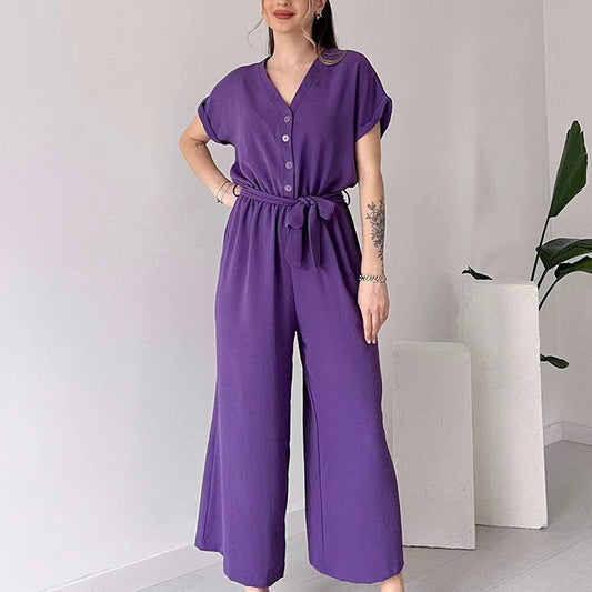 🔥KJØP 2 OG FÅ GRATIS FRAKT💖 V-hals kort ermet casual jumpsuit for kvinner